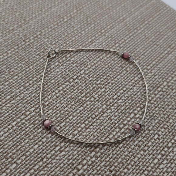 9 Inch Sterling Silver Rhodonite Stones Ankle Bracelet B487 - Picture 2 of 5